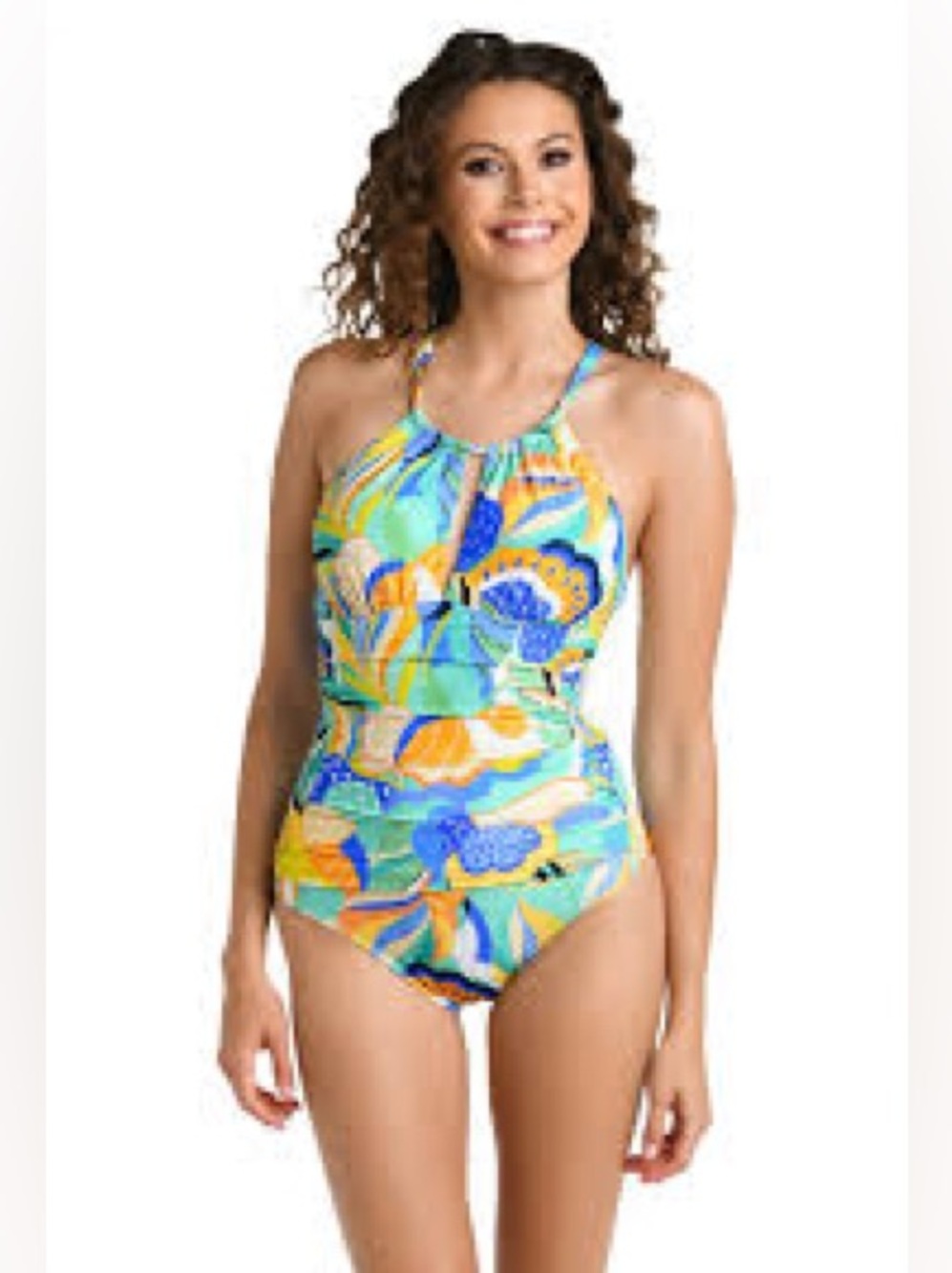 La Blanca Aqua and Yellow Tropical One-Piece Swimsuit